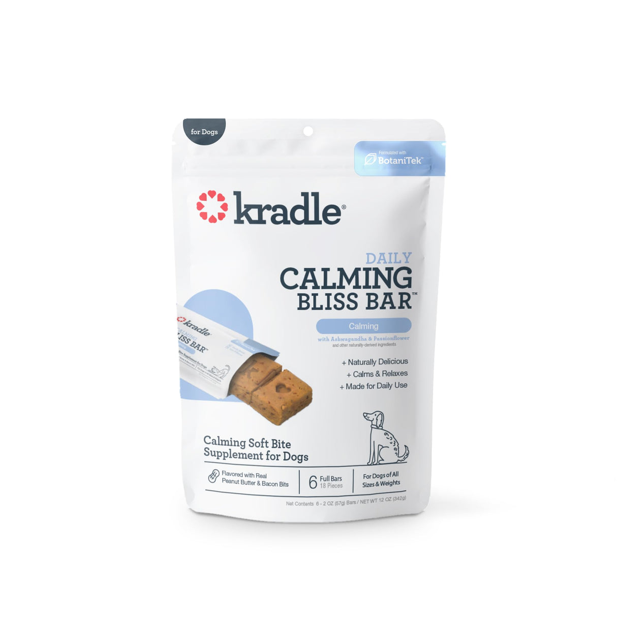 Kradle Bliss Bars for Dogs - Peanut Butter Flavored Calming - GABA L-Theanine - On The Go Packaging - Supports a Calm Demeanor - 6 Bars
