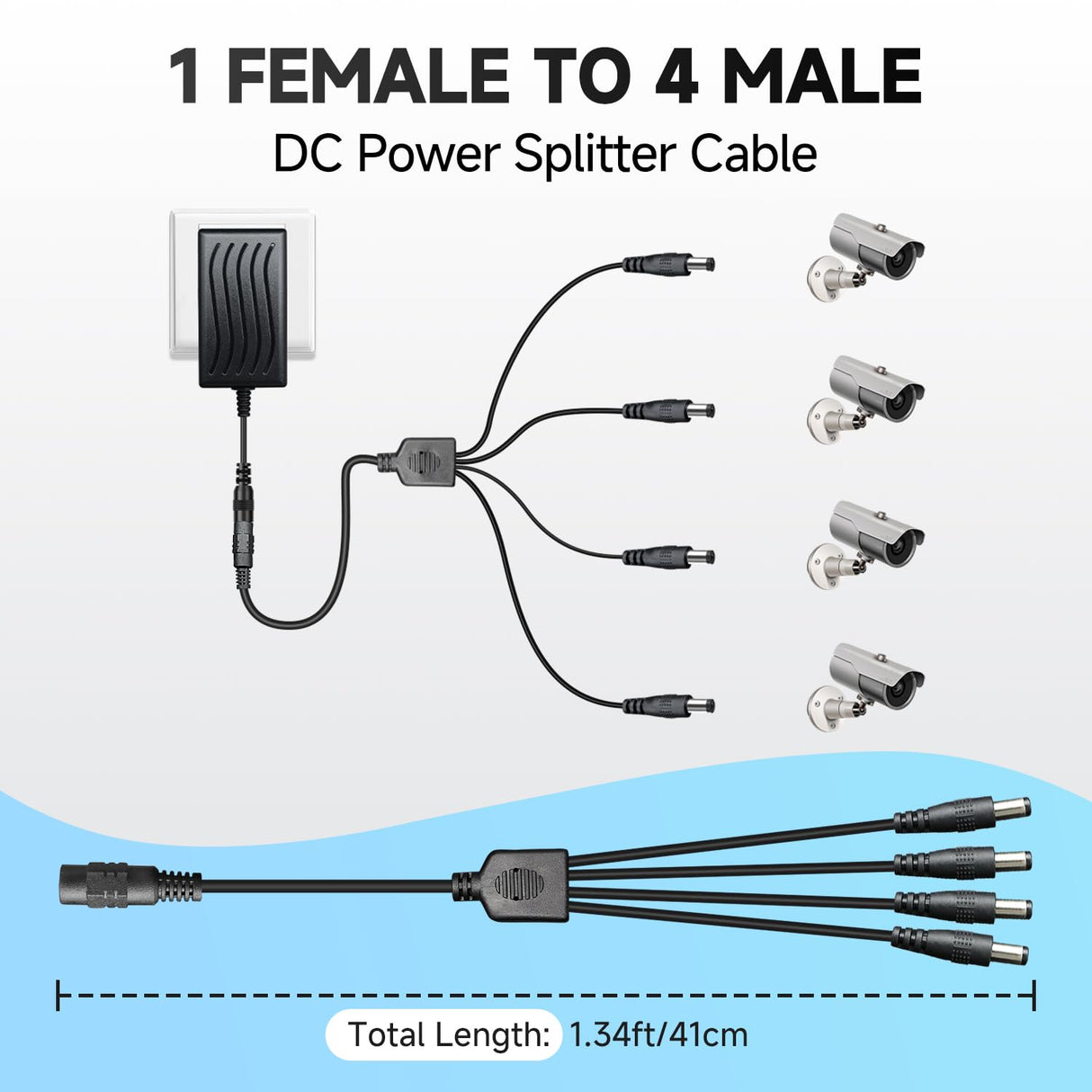 Power Adapter AC 100-240V to DC 12V 2A (2000mA) & 4-Way Power Splitter Cable for CCTV Security Cameras/DVR/NVR/LED Strip Lights/Routers and More, UL/FCC/CE Certificated (6ft)