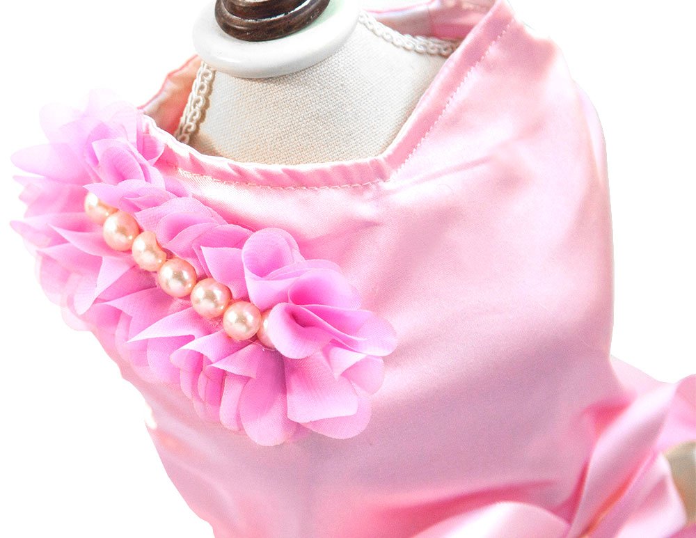 SMALLLEE_Lucky_Store Pet Small Dog Wedding Dress with Bowknot Birthday Party Costume Satin Rose Pearls Girl Formal Dress Cat Tutu Pink, Medium