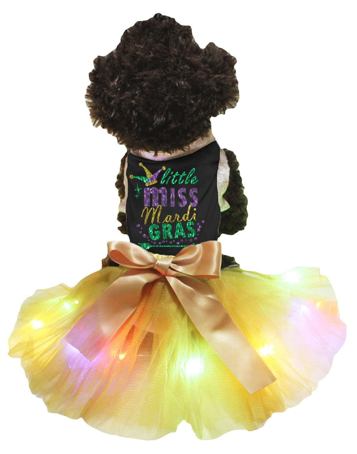 Petitebella Clown Little Miss Mardi Gras Puppy Dog Dress (Black/Gold LED, XX-Large)
