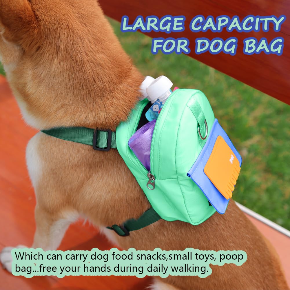 DoggieKit Dog Backpack Harness with Leash,Cute Pet Puppy Backpacks Bulid-in Dog Poop Bag Dispenser,Adjustable Pets Self Carrier Bag for Small Medium Dogs Travel Hiking Daily Walking(M, Green)