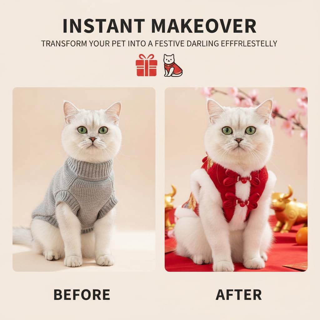Festive Lunar New Year Pet Costume for Cats Small Dogs, Traditional Red Tang Suit Style Pet Clothes Outfit (Red,X-Small)