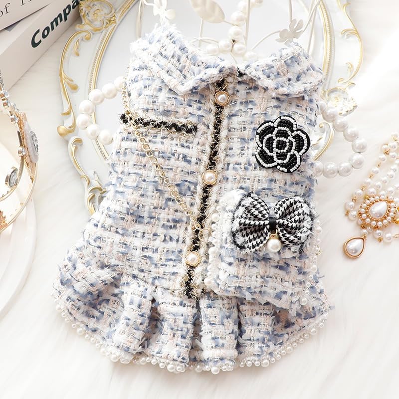 PalmPurr Fall Winter Small Dog Tweed Princess Dress White Pearl Design, Warm Fleece Dog Coat for Girls, Cute Puppy Clothes with Bow Flower, Luxury Chanel Style Pet Outfit for Cats & Dogs(White,L)