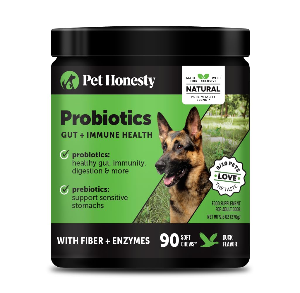 Pet Honesty Probiotics for Dogs - Digestive Enzymes Promotes Gut Health, Dog Probiotics for Bowel Support, Fiber for Regularity, Prebiotics for Immune Health & Gut Flora (Duck, 90 ct)