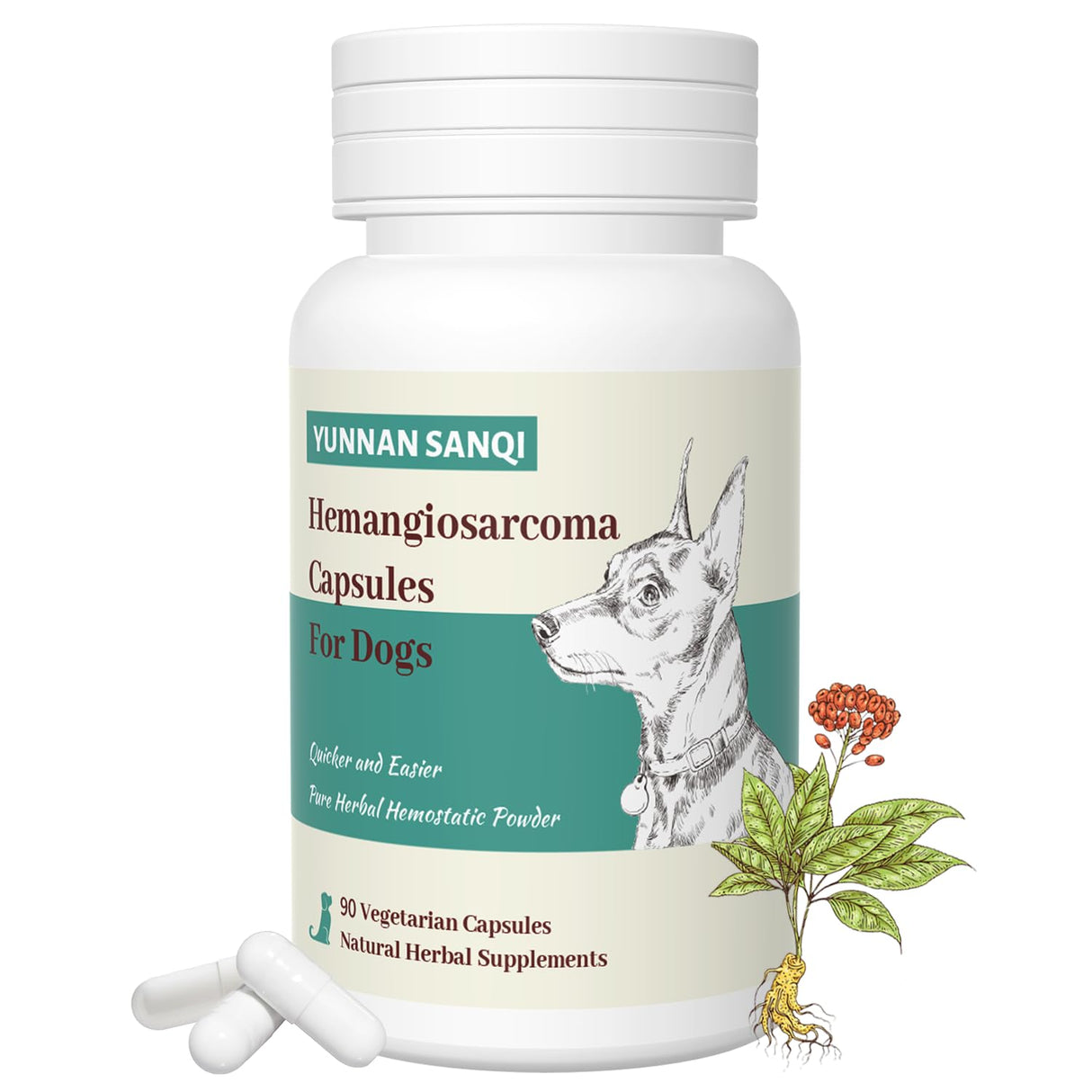 Yunan Sanqi Hemostatic Capsules for Dogs, for Hemangiosarcoma, Hemoabdomen, Pericardial Effusion, Cancer Bleeding, Severe Bruising, Ulcer-Related Bleeding