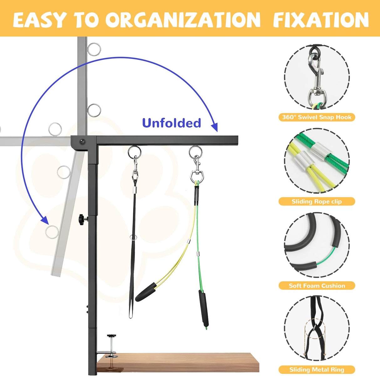 Rhncof Foldable Dog Grooming Arm : Adjustable Height 26-40 - for Dog Grooming Table - with Dog Grooming Hammock & No-Sit Holders-Grooming Restraint for Small Medium Dogs at Home or Salon