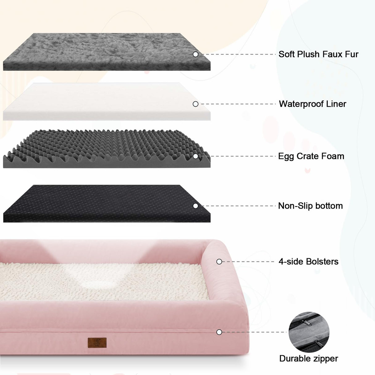 Yiruka Jumbo Dog Bed for Extra Large Dogs, Washable Orthopedic Dog Bed with 4-Sides Removable Bolster, Waterproof Non-Slip Egg-Crate Foam Pet Couch Sofa, Pink