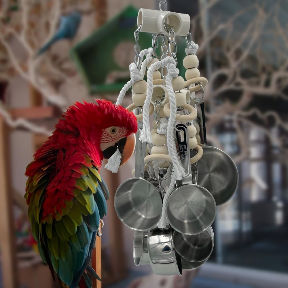 GILYGI Durable Stainless Steel Pots & Wooden Beads Parrot Toys - Pullable 8 Metallic Cups & 8 Natural Dye-Free Rings for Large & Extra Large Parrots Macaws Amazons African Greys Cockatoos Eclectus
