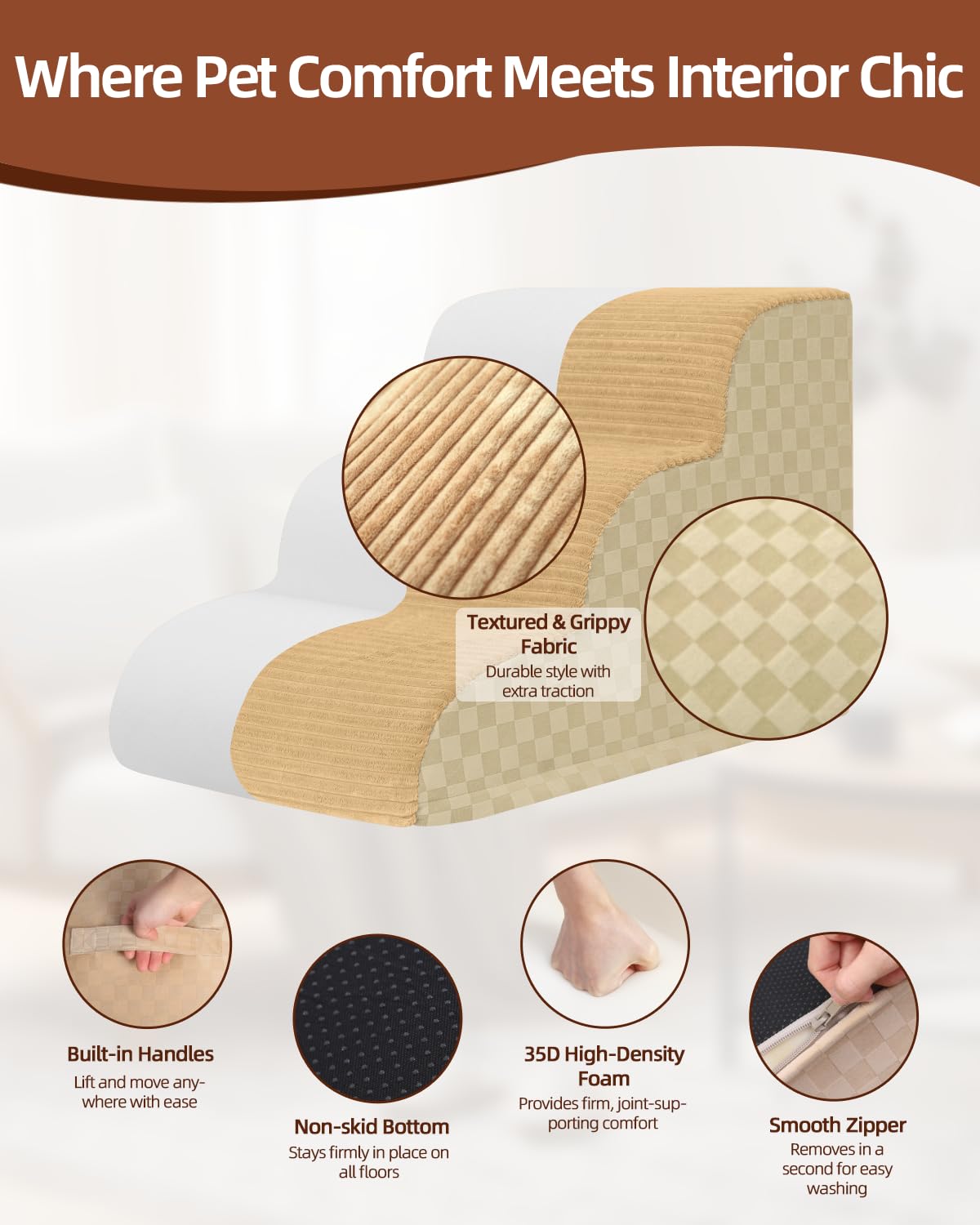 Dog Curved Stairs for High Beds 22" H, 5-Step Pet Stairs for Small Dogs with High Density Foam, Dog Slope Stairs with Durable Non-Slip Bottom Khaki