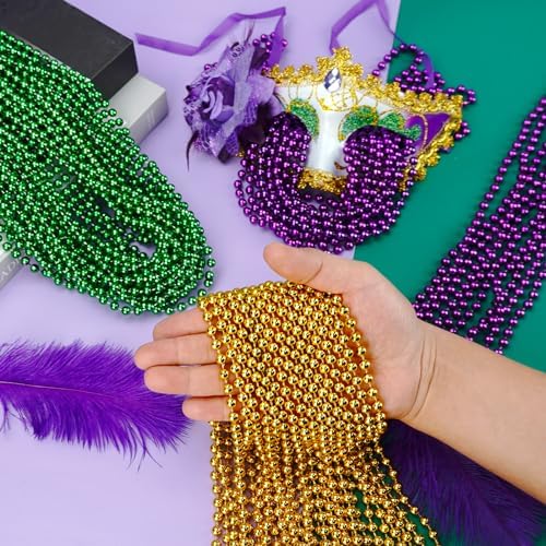 Mardi Gras Beads Bulk, 144 Pcs Mardi Gras Beads Necklaces 33'' 7 mm Metallic Gold Green Purple Bead Necklaces Mardi Gras Accessories Throw Beads in Bulk for Mardi Gras, Christmas, Party Favors