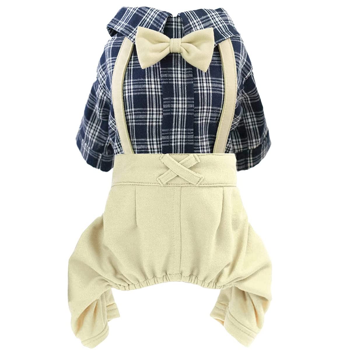 Pet Clothes Dog Shirts Classic Plaid Striped Overall Jumpsuit, Gentle Puppy Wedding Birthday Western Onesies Apparel, Fashion Daily Outfit with Bowtie for Dogs and Cats (X-Small, Khaki)