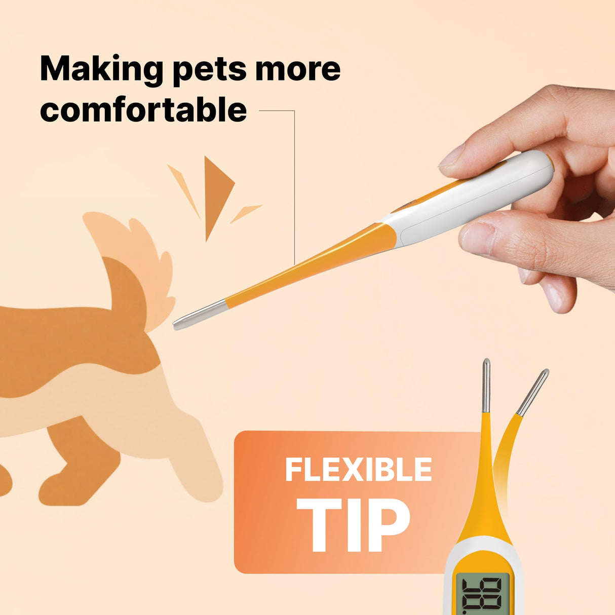 FDK Digital Dog & Cat Thermometer for Fever Detection, 8s Fast Reading Pet Rectal Thermometer with Large LCD Screen, Comfortable Flexible Soft Tip Fever Alert °C/°F Switchable