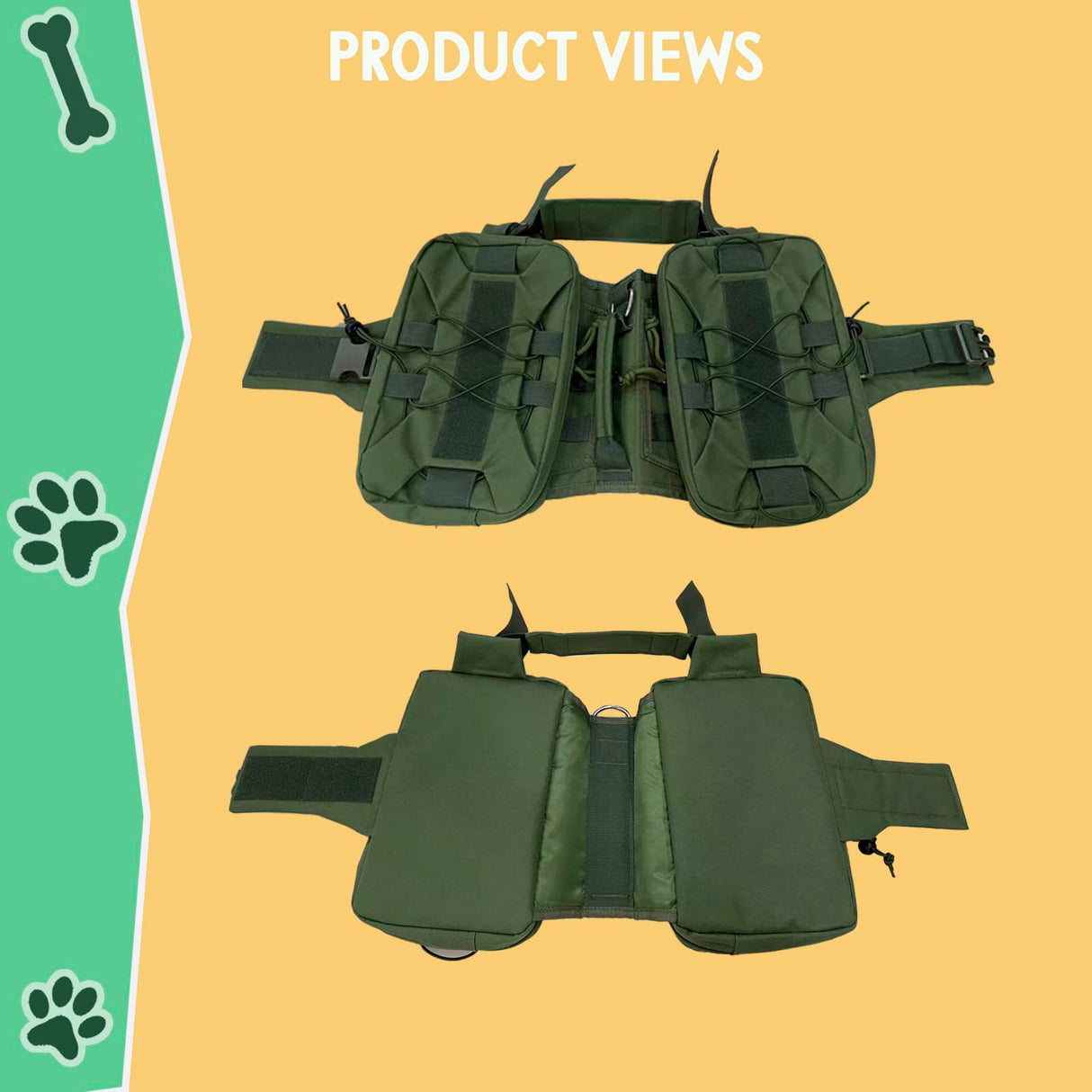 ZEUS URBAN Tactical Dog Backpack Harness – Large, Army Green, 2 Ample Side Pockets | Water Resistant Saddle Bags for Hiking & Camping, Sturdy Vest Fits Medium & Large Dogs