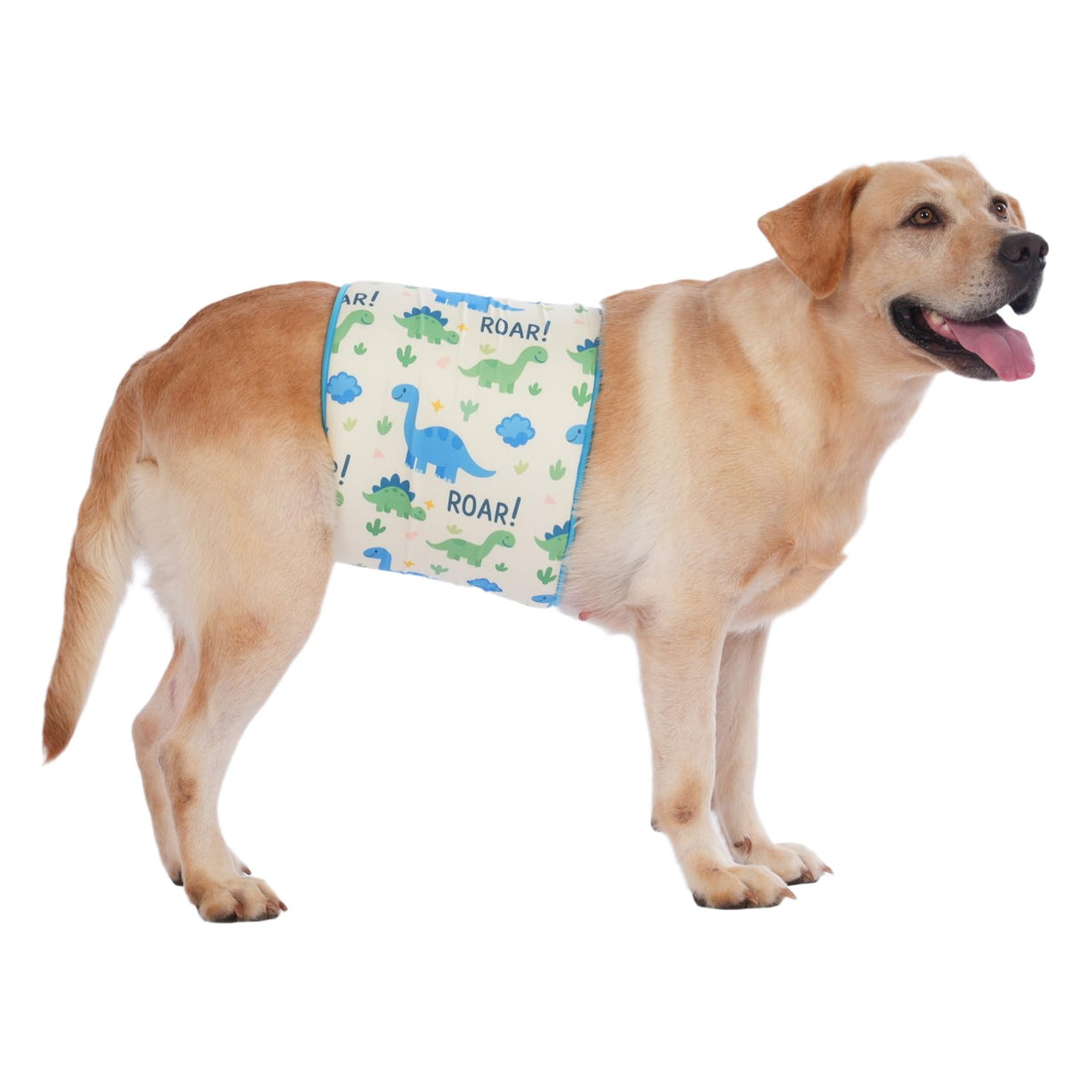 LovinPet 3-Layer Dog Belly Warmer Calming Wrap, Adjustable Abdominal Protector for Medium and Large Dogs, Anti-Chafe Moisture Barrier, Memory-Foam Core + Mesh Lining, Dinosaur Print,White