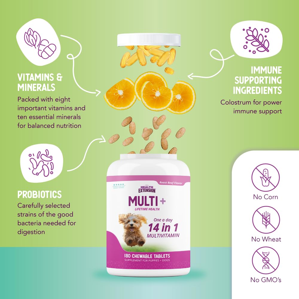 Health Extension Lifetime Multivitamin and Mineral Tablets for Dogs & Puppies, 180 Tablets - Immune, Digestion, Joint Support, Coat & Skin Health