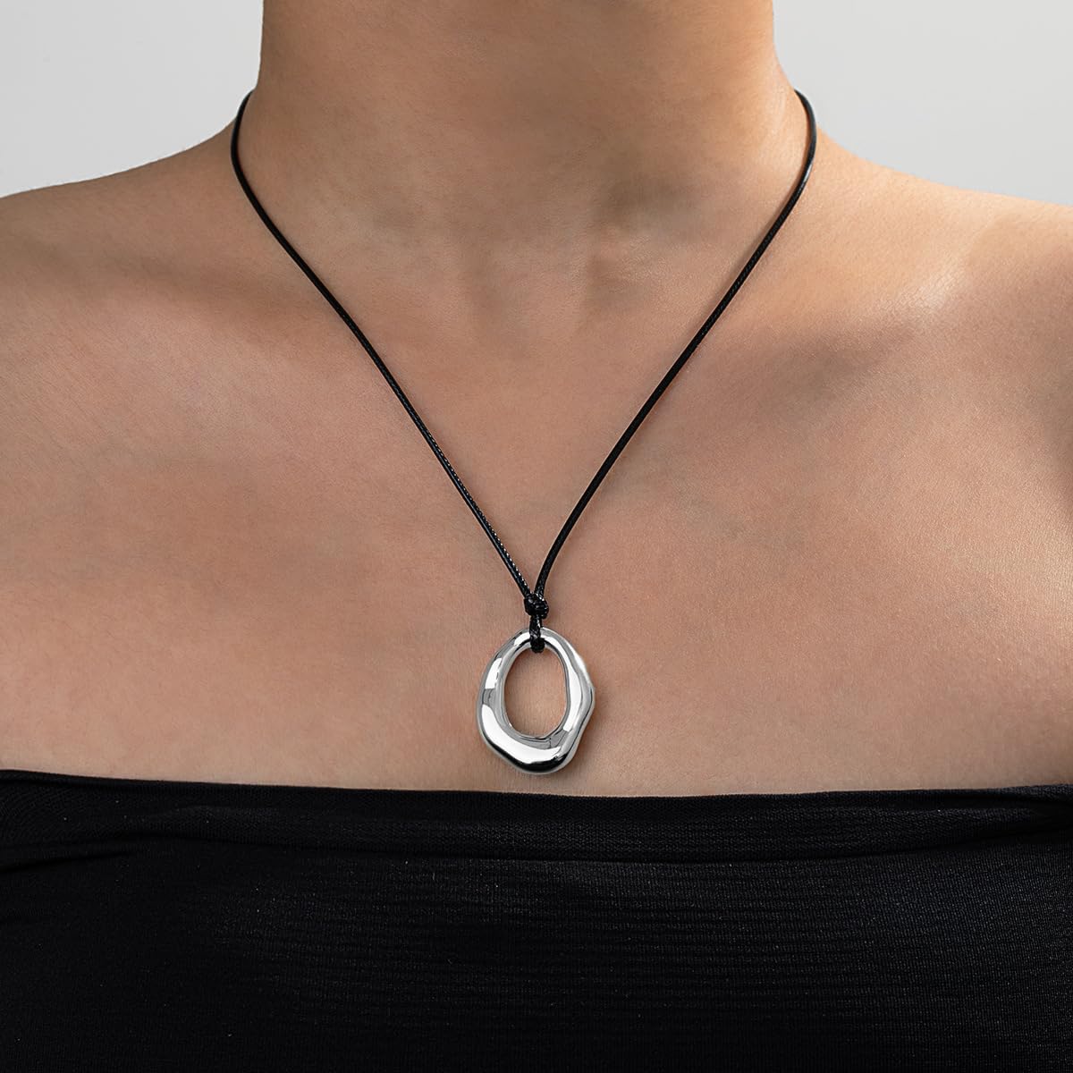 PLOUTOS Statement Modern Geometric Hollow Square Pendant Rope Chain Necklace for Women Bold Fashion Layering Collarbone Jewelry Party Wear Accessory (Silver A)