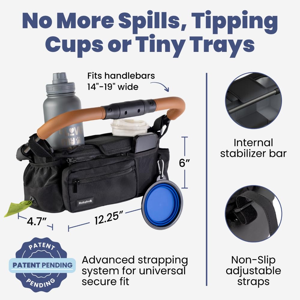 rubyloo Dog Stroller Caddy Organizer with Poop Bag Dispenser, Treat Pocket, Water Bowl – Dog Stroller Accessories with Insulated Cup Holders, Pet Storage & Non-Slip Fit for 14"-19" Wide Handlebars