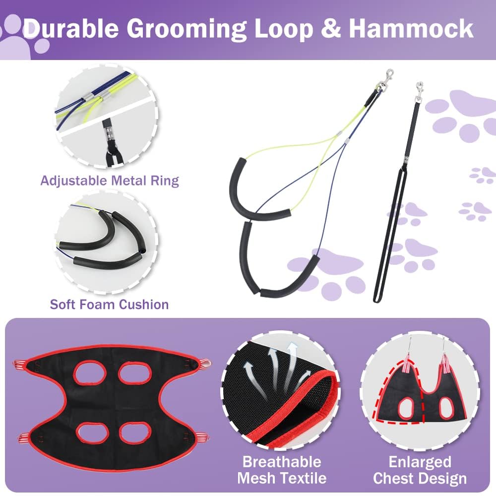 AGESISI Dog Grooming Arm with Clamp, Heavy Duty Pet Grooming Table Arm with Grooming Hammock, Loop Noose & Two No-Sit Haunch Holder, 36" Height Adjustable for Medium & Small Pets, Black