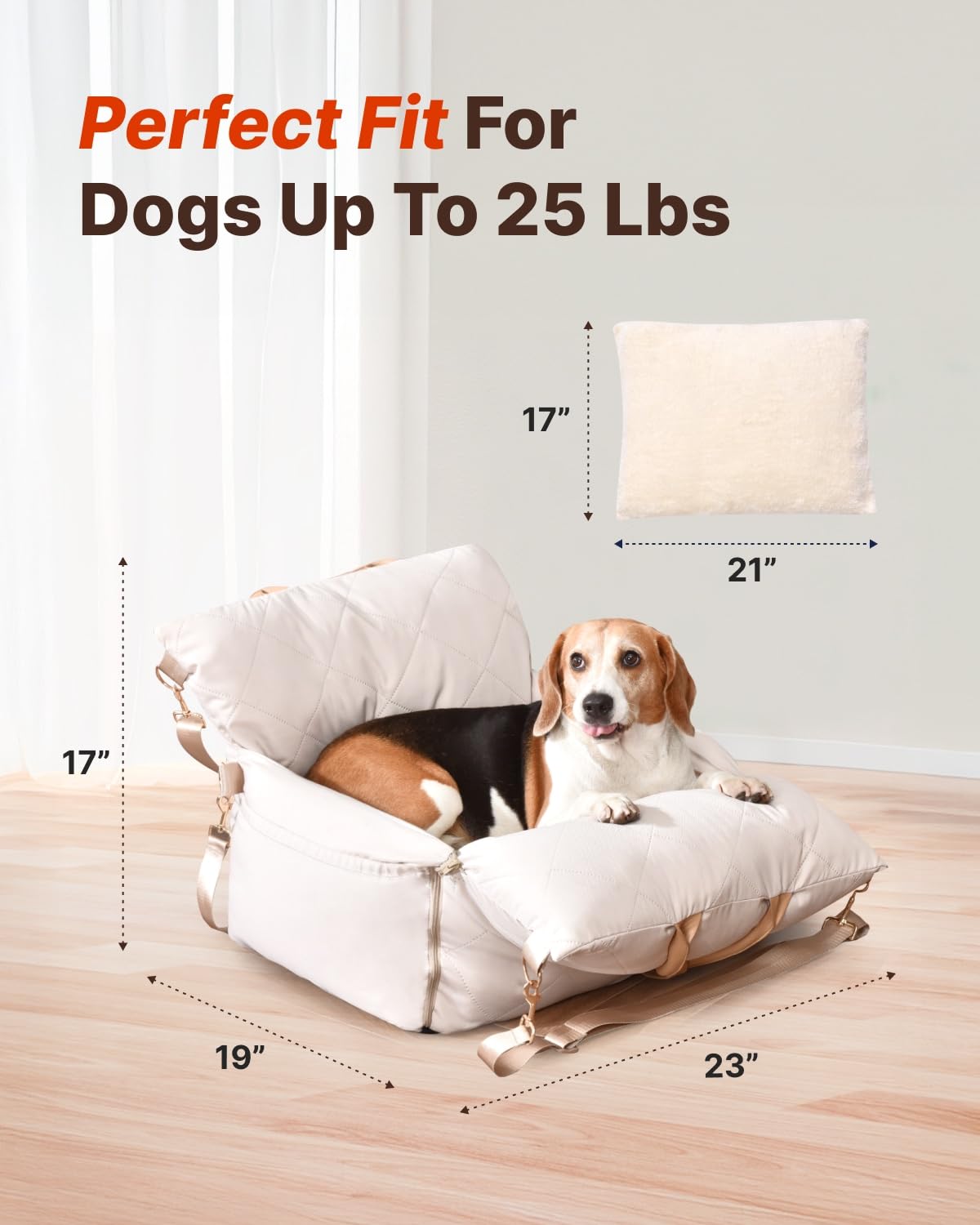 PET MARVEL Dog Car Seat for Small Dogs Up to 25 lbs, Pet Booster Seat & Travel Carrier with Safety Leash and Thick Cushion, Fully Detachable Washable Pet Bag with Storage Pocket, Portable, Beige