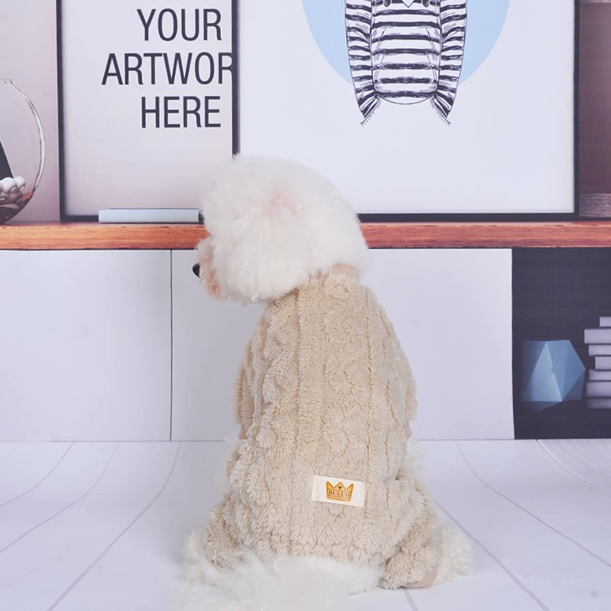 Loyanyy Plush Dog Pajamas for Cold Weather 4 Legged Clothes for Dog Cat Stretchy Puppy Kitten Onesie with Buttons Warm Soft Pet Jumpsuit Winter Coat Beige Medium