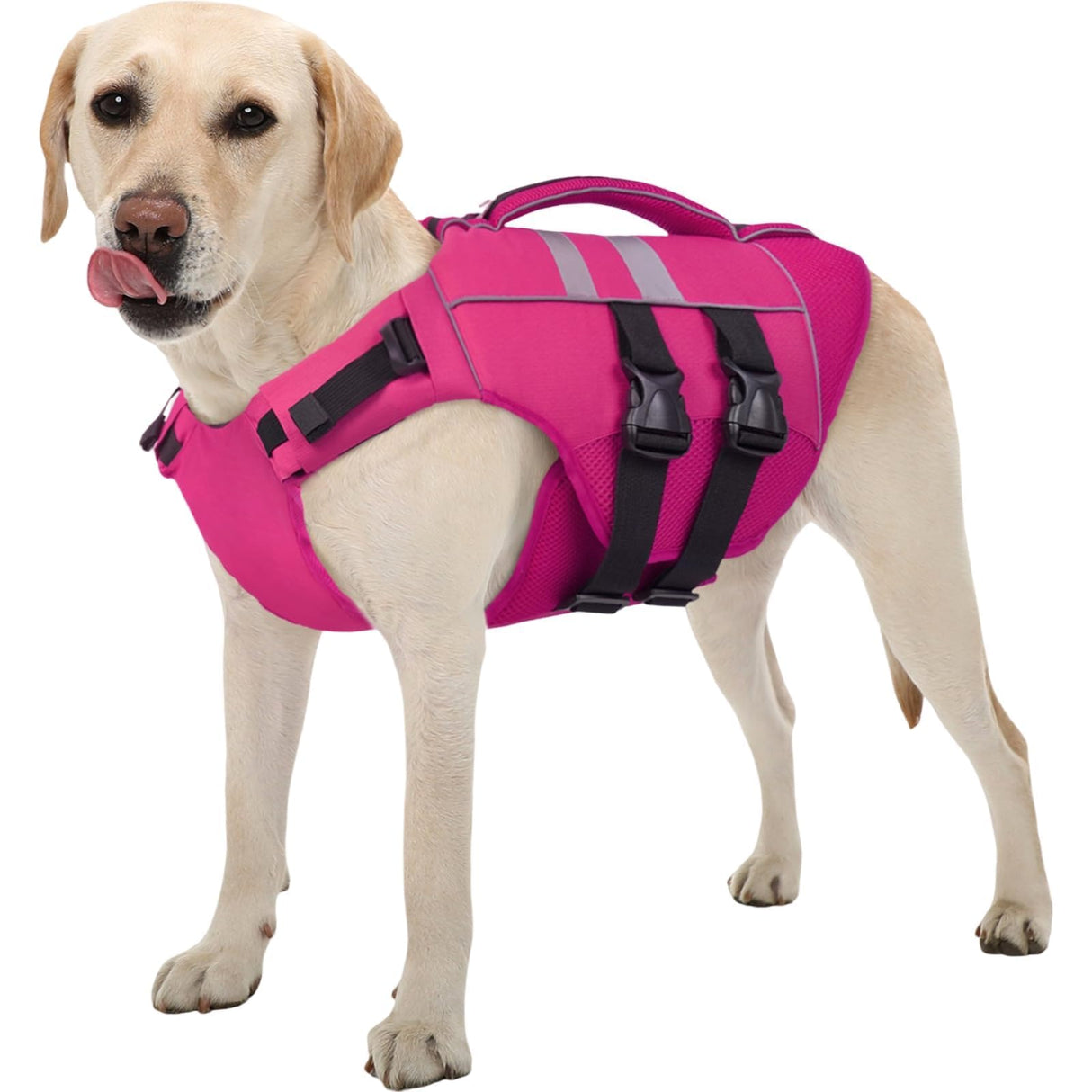 Kuoser XL Dog Life Jacket, Large High Flotation Dog Life Vest for Swimming Boating, Reflective Dog Swimming Vest Pet Life Preserver with Rescue Handle, Rose XL