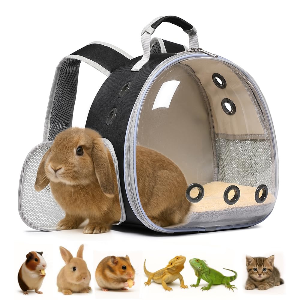 Bunny Carrier, Guinea Pig Carrier,Small Animal Carrier Backpack for Rabbit,Bearded Dragon, Lizard,Hamster,Kitten. Breathable Pet Travel Cage Bag Perfect for Vet Visits & Outdoor Adventures (Black)