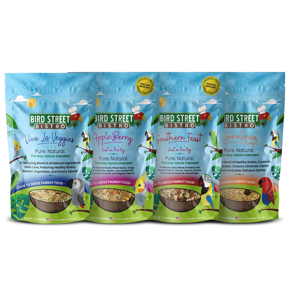 Bird Street Bistro Parrot Food - Parakeet & Cockatiel Food - Cooks in 3-15 min with Natural Wholesome Grains, Legumes, Non-GMO Fruits, Vegetables & Health Spices