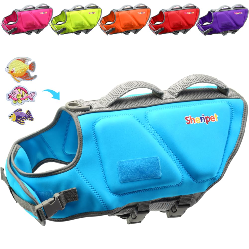 Sheripet Dog Life Jacket for Large Dogs, Dog Life Vest for Swimming with Three Fashion Fabric Patches, Pet Swim Vest with Reflective Stripes and Two Rescue Handle, Dogs Flotation Vest, L
