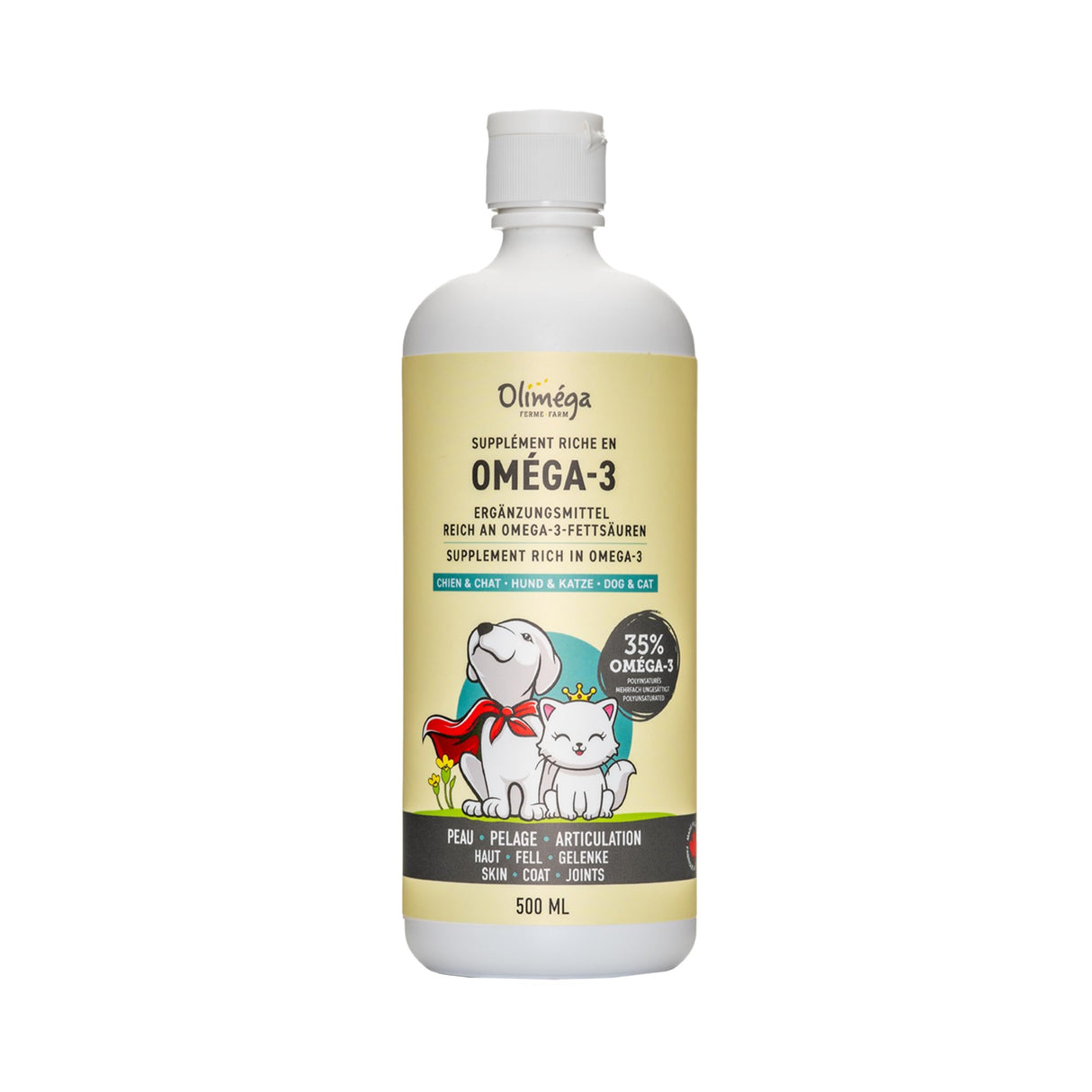Camelina Oil for Dogs & Cats, 500mL by Olimega Farm | High in Omega-3 & Vitamin E | Support for Healthy Joints, Coat & Skin | Alternative to Salmon Oil for Dogs | Made in Canada | Non-GMO