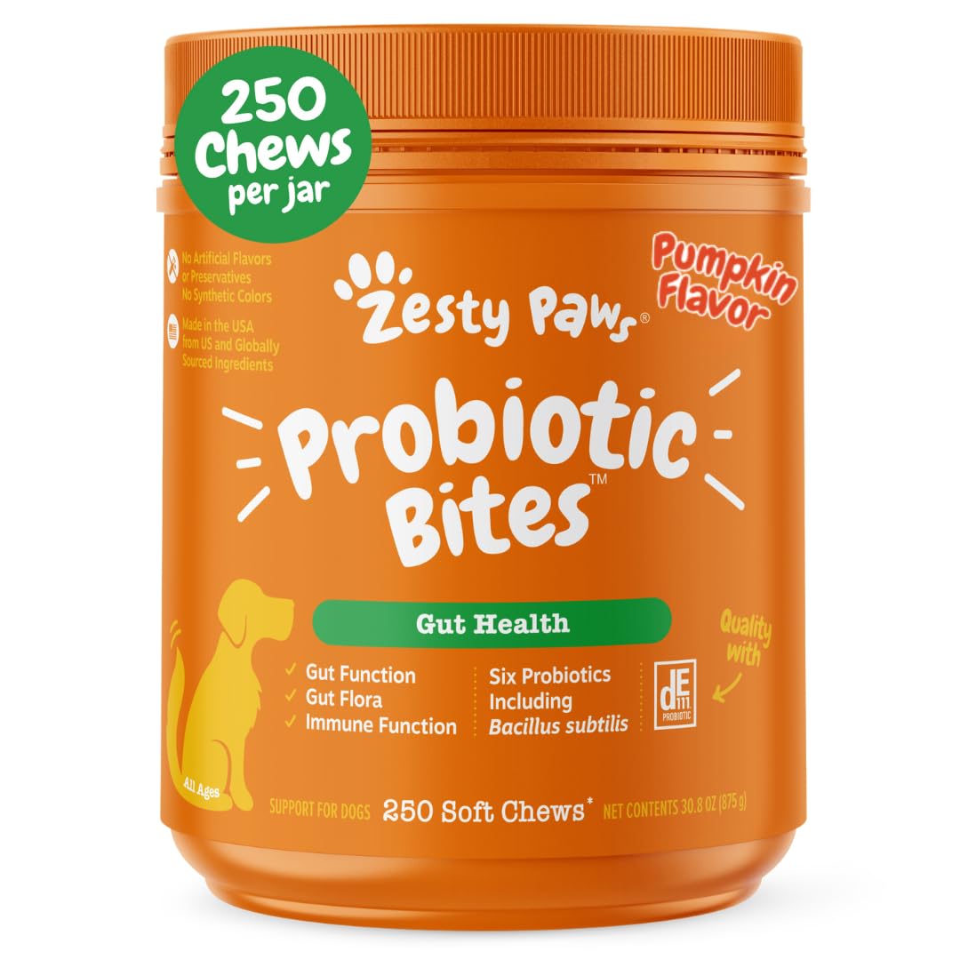 Zesty Paws Probiotics for Dogs, Digestive Enzymes Gut Flora, Digestive Health, Diarrhea & Bowel Support, DE111, Dog Probiotic Soft Chew for Pet Immune System, Pumpkin, 250 Ct