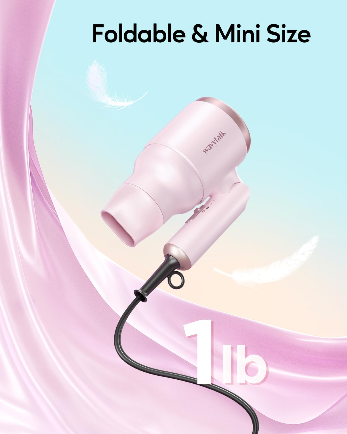 Wavytalk Hair Dryer with Diffuser, Mini Blow Dryer with Folding Handle, 1600W Quiet Lightweight Hairdryer with Diffuser Attachment Compact Design, Pinky White