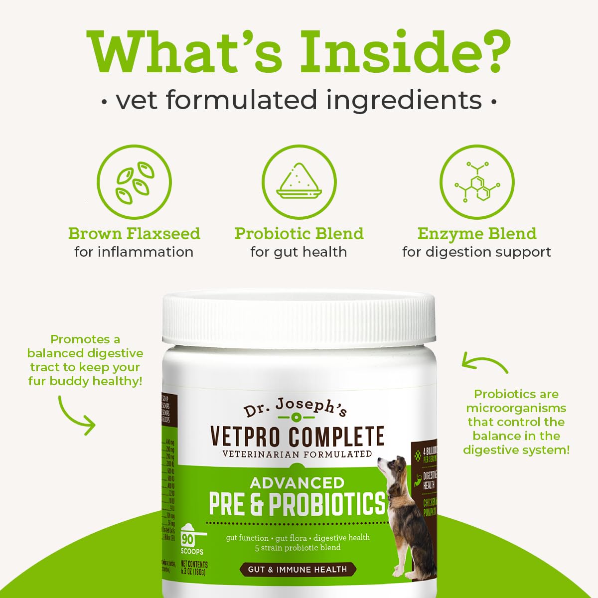 Dr. Joseph's VetPro Complete Advanced Pre & Probiotics Powder for Dogs, 90 Scoops, Supports Gut Health, Diarrhea, Digestive Health & Seasonal Allergies, Chicken/Pumpkin Flavor, Add to Food