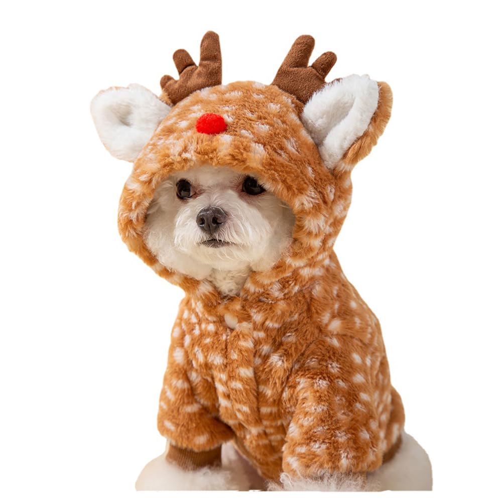 AZA Reindeer Dog Costume Fluffy Christmas Clothes Moose Coat Winter Pet Hoodies Puppy Girl Cute Coat Outfits for Small Dogs Costumes (S(Suitable:3.5lb-5.5lb),Moose Brown)