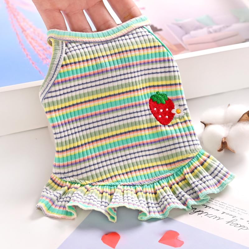 2PCS Charming Striped Dog Dress with Strawberry Patch & Lace Trim, Soft Elastic Cotton Clothes in Pink & Green, Perfect Outfit for Small Dogs, Puppies & Cats(2PCS A,XL)