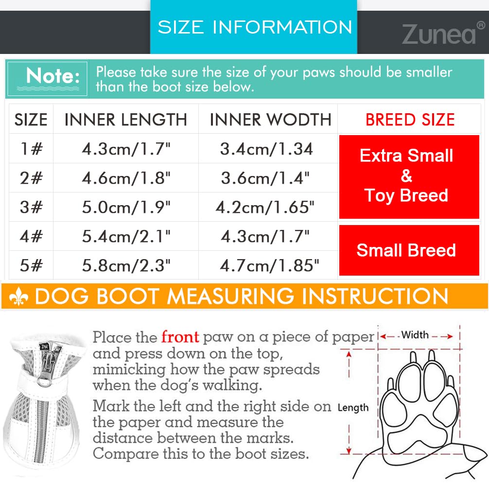 ZUNEA Small Dog Shoes for Hot Pavement Summer Breathable Mesh Boots Adjustable Non Slip Zipper Pet Dogs Booties White PU Paw Protector Red 3#