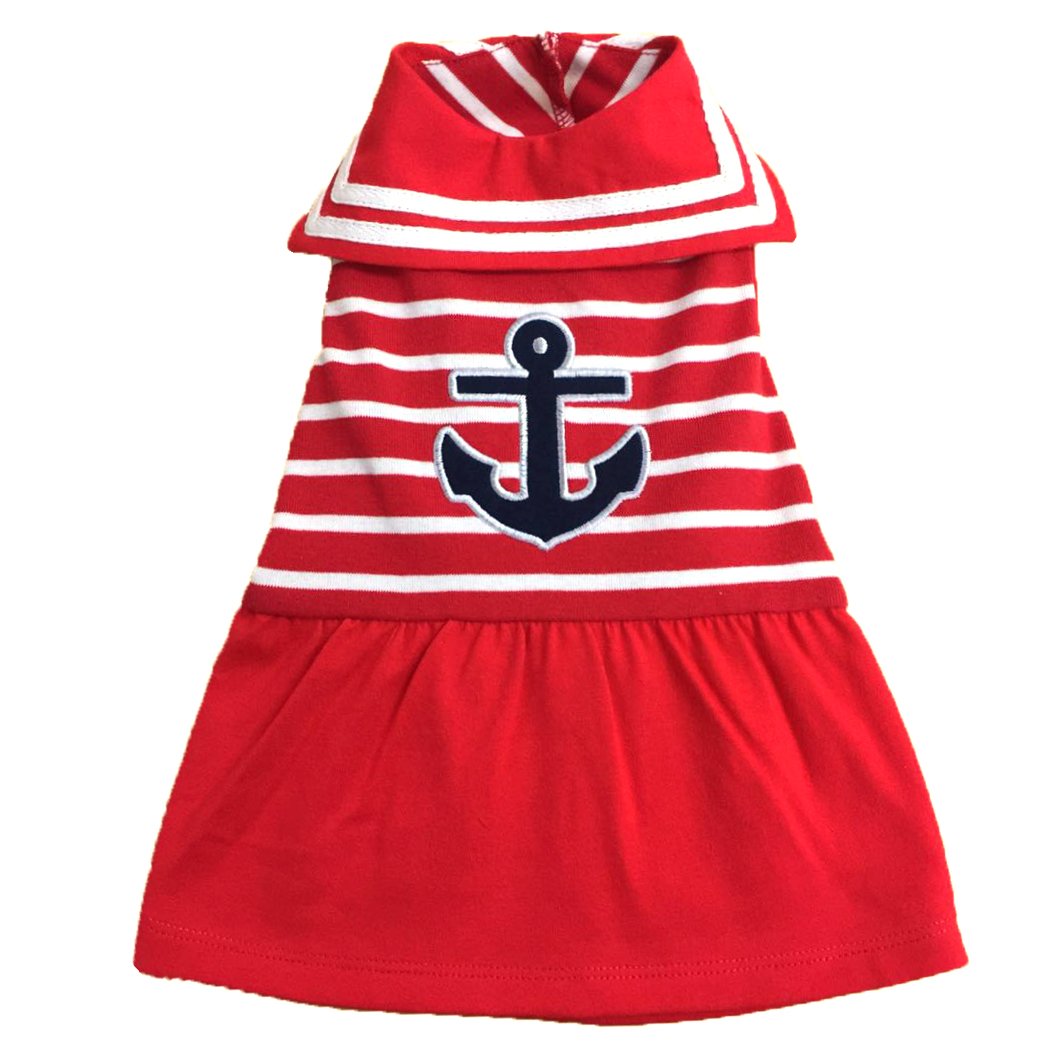 THE WORTHY DOG Designer Anchor Dog Dress – Stylish Polyester Pet Dress with Bow Detail, Adjustable Touch Fasteners & Machine Washable - Red/White, Medium