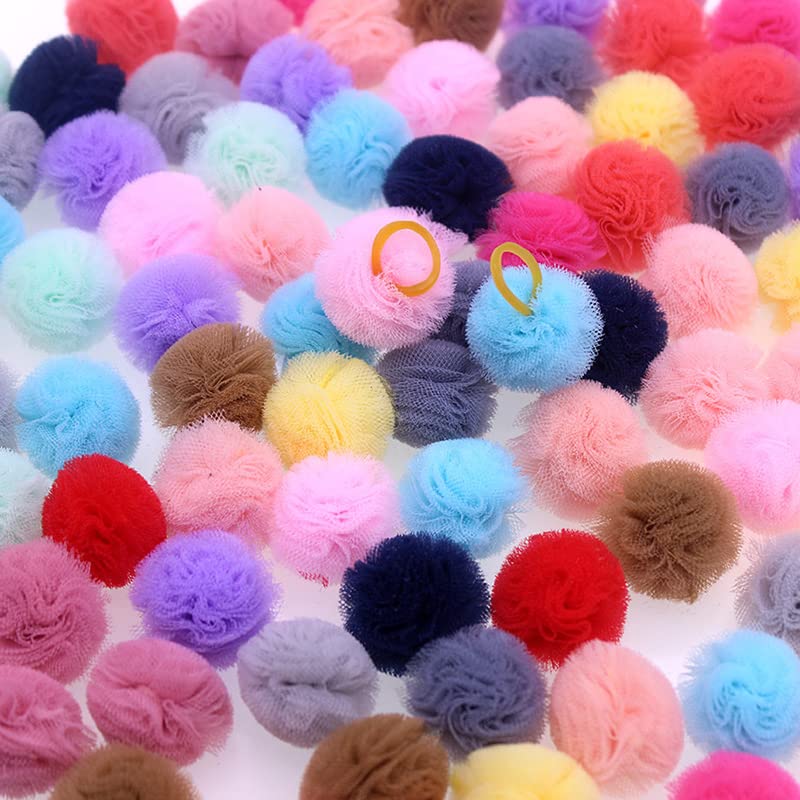 Mruq pet 100pcs Small Pet Dog Hair Bows, Bulk Cute Dog Hair Round Puff Ball Pom Pom Bows with Rubber Bands, Mix Handmade Yorkie Dog Grooming Bows for Dog Hair Accessories