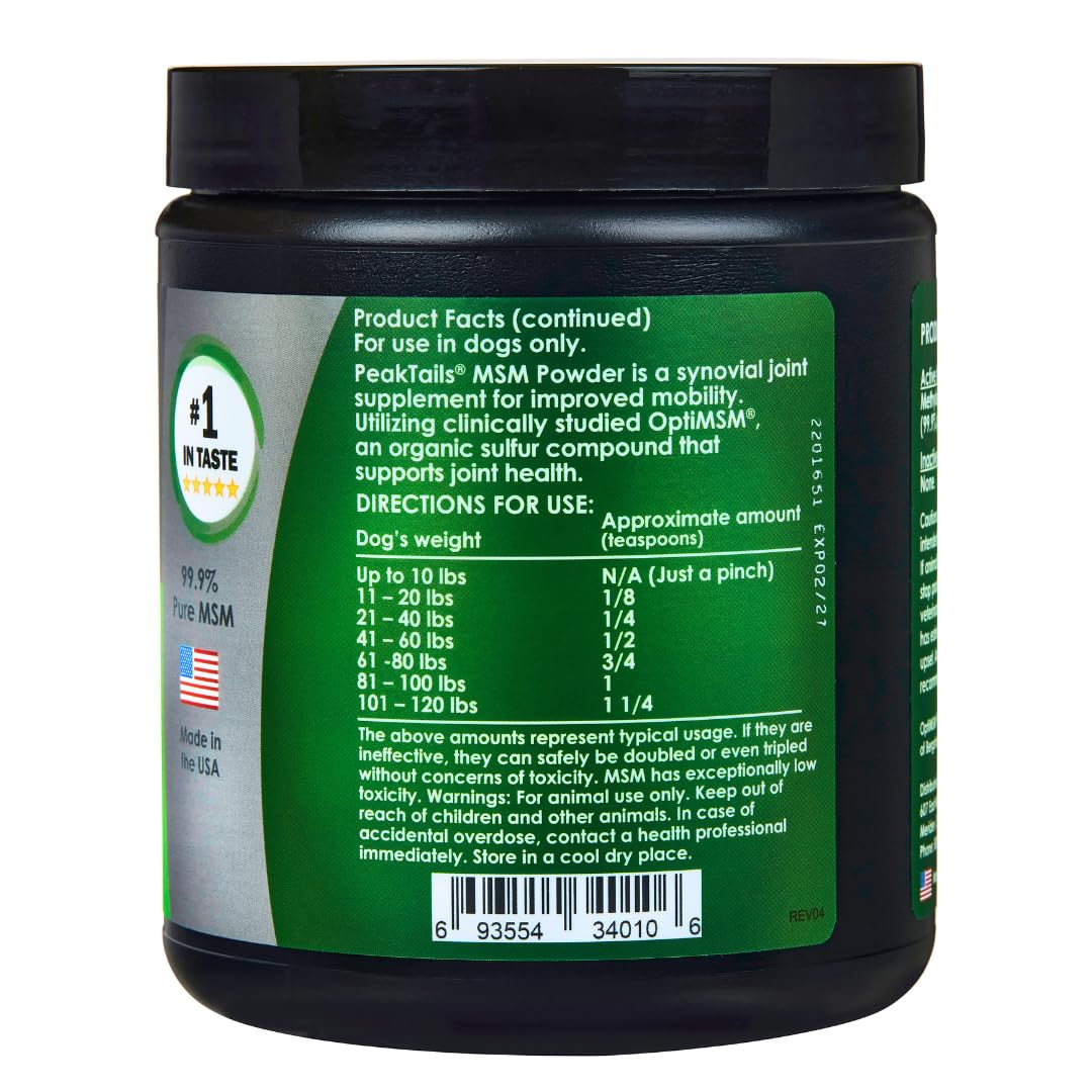 KALA HEALTH PeakTails MSM Powder for Dogs – 1 lb, Pure Organic Sulfur, Supports Joint Health, Mobility & Comfort – US-Sourced MSM, Flavorless Powder