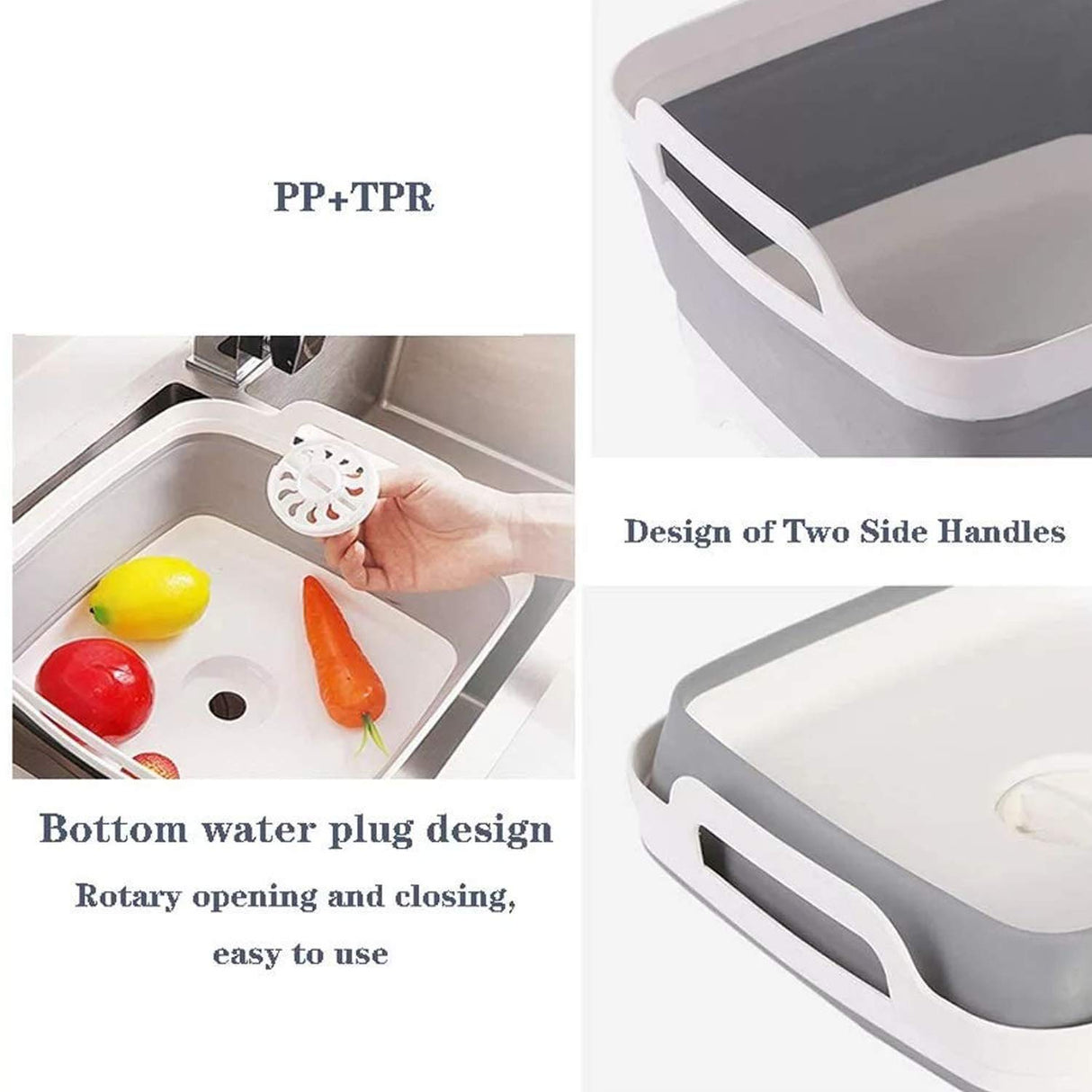 9L (2.4Gal) Dish Basin Collapsible with Drain Plug Carry Handles,Kitchen Storage Tray Dish Wash Basin, Portable Dish Tub, Foldable Dishpan for Camping,RV,Gray