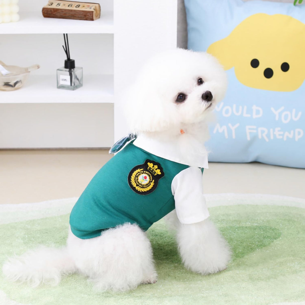PayaSnug Green Dog Shirt with Bow Tie – Preppy Style Pet T-Shirt with Collar for Small Dogs, Fall Puppy Clothes for Boys and Girls, British School Look Pet Outfit(L)