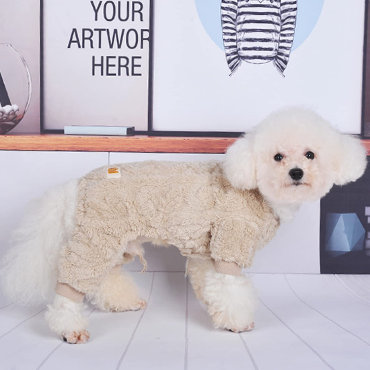 Loyanyy Plush Dog Pajamas for Cold Weather 4 Legged Clothes for Dog Cat Stretchy Puppy Kitten Onesie with Buttons Warm Soft Pet Jumpsuit Winter Coat Beige Medium