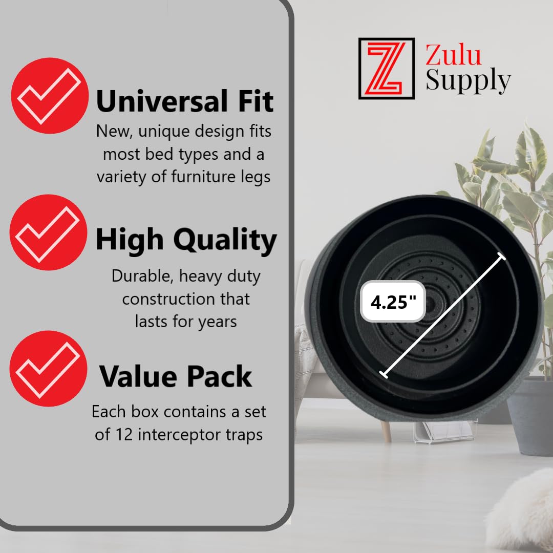 Zulu Supply Bed Bug Interceptors, Traps, Bedbug Monitor, Insect Detector for Bed Legs or Furniture (Black 12-Pack)