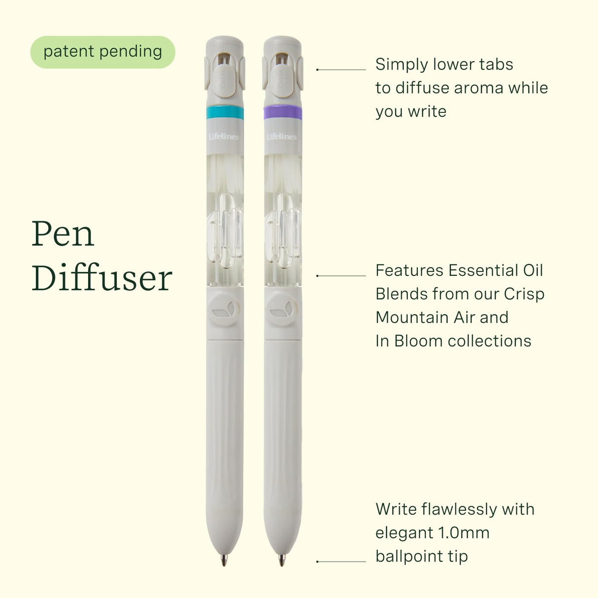 Lifelines 2 Pack Pen Diffuser in in Bloom & Crisp Mountain Air Essential Oil Blends, Elegant 1.0mm Ballpoint Tip, Black Pen, Ink Refill Included