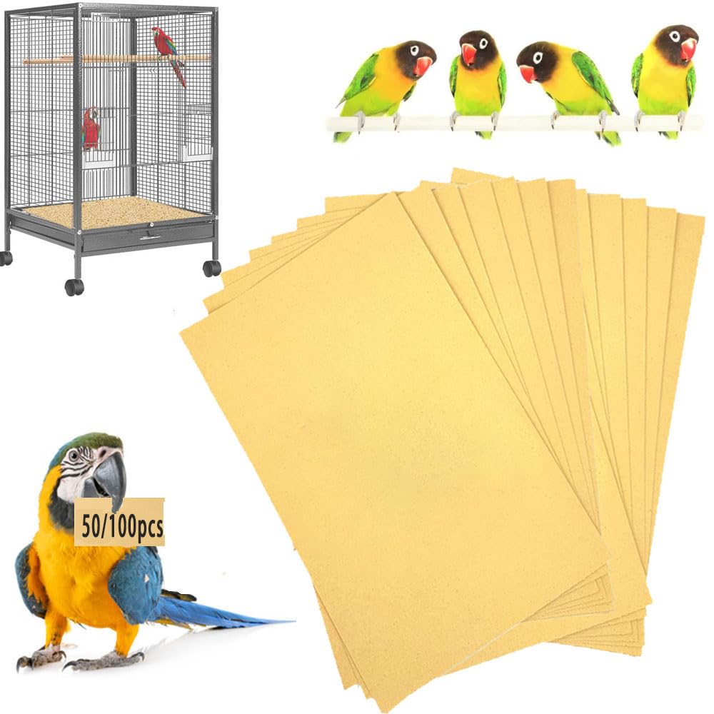 Lesimnky Bird Cage Liner 50-Pack 17β x 11β Gravel Paper Cuttable Pet Sandpaper Special for Bird Cage in Sea Sand, Easy Clean Pet Sandpaper Calcium Paper for Birdcage Parrots Cockatiels (50)
