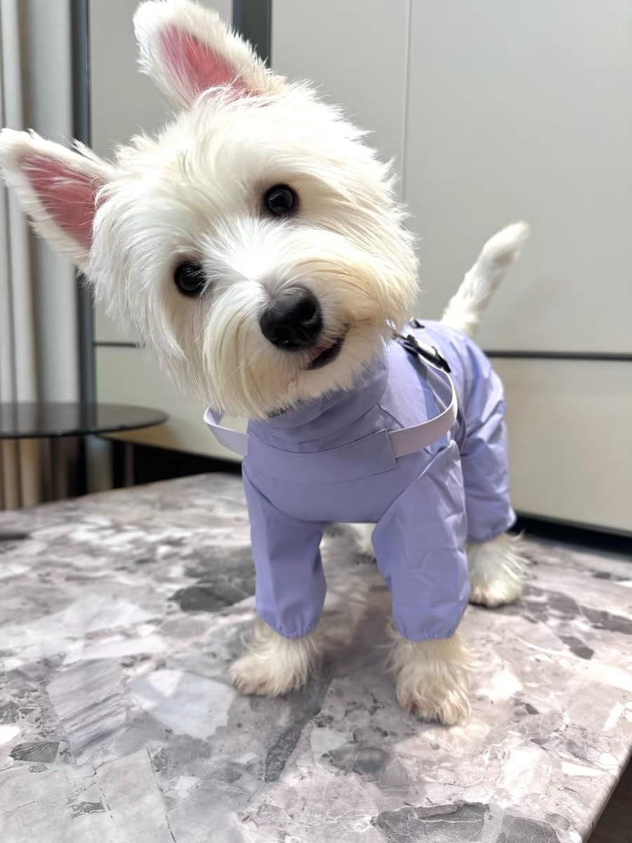 Mile High Life Waterproof Dog Raincoat, Full Coverage Small Dog Rain Coat with Harness, Adjustable 4 Legs Puppy Rain Jacket with Reflective Strip and Elastic Cuffs (Purple, XS Back Length 11.4")