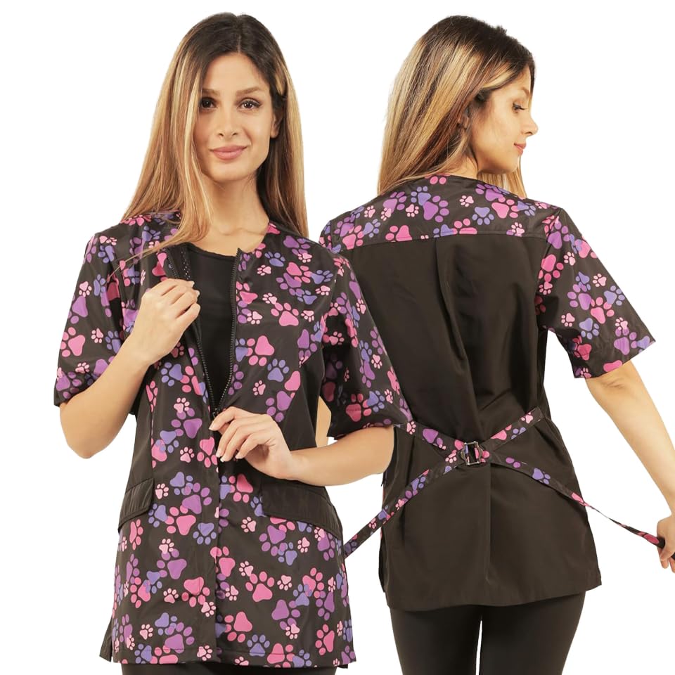 Ladybird Line 725 Pink and Purple Paw Print Waterproof Dog Grooming Smock, Hair and Bleach Resistant with Covered Zipper Panel, Solid Black Back, and Back Tie Belt - Ideal for Pet Groomers - L