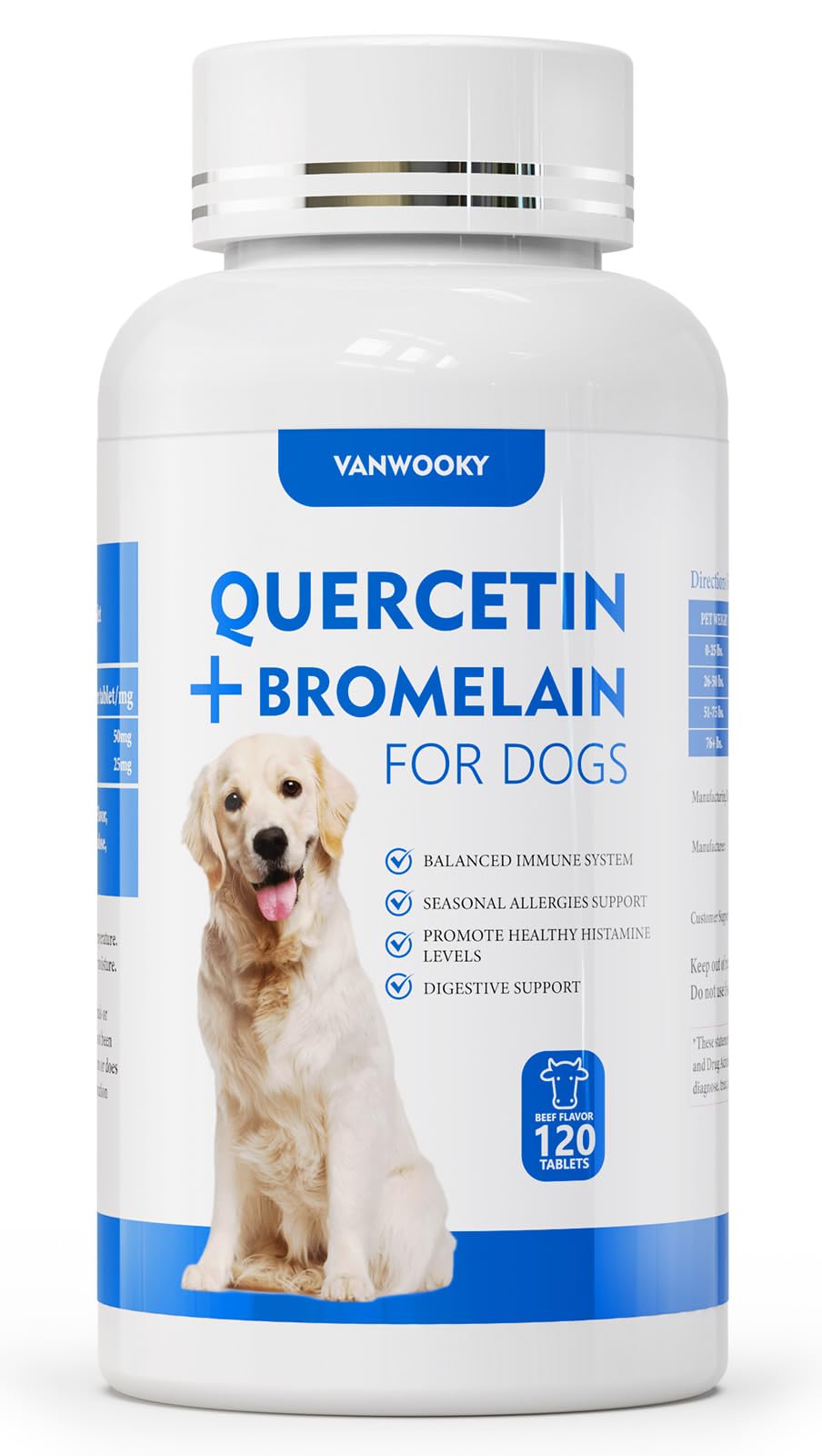 Quercetin + Bromelain for Dogs – Immune & Allergy Support Supplement, Inflammatory Relief, Antioxidant Formula, 120 Beef-Flavored Chewable Tablets
