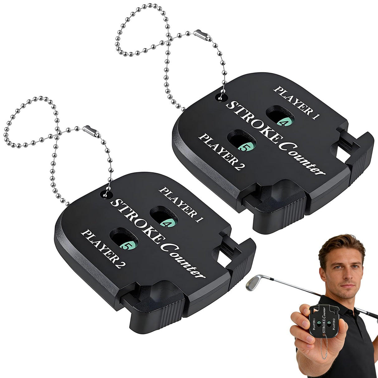 IOGOG 2Pcs Golf Stroke Counter, 2-Player Golf Counter Clicker with Hanging Rope, Shockproof Mini Portable Stroke Counter for Your Golf, Outdoor Sports, Different Kinds of Competitions and Games(Black)