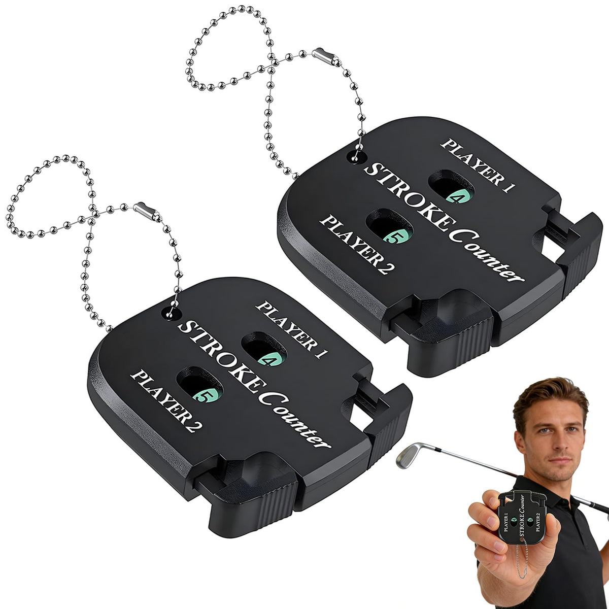 2Pcs Golf Stroke Counter, 2-Player Golf Counter Clicker with Hanging Rope, Shockproof Mini Portable Stroke Counter for Your Golf, Outdoor Sports, Different Kinds of Competitions and Games(Black)