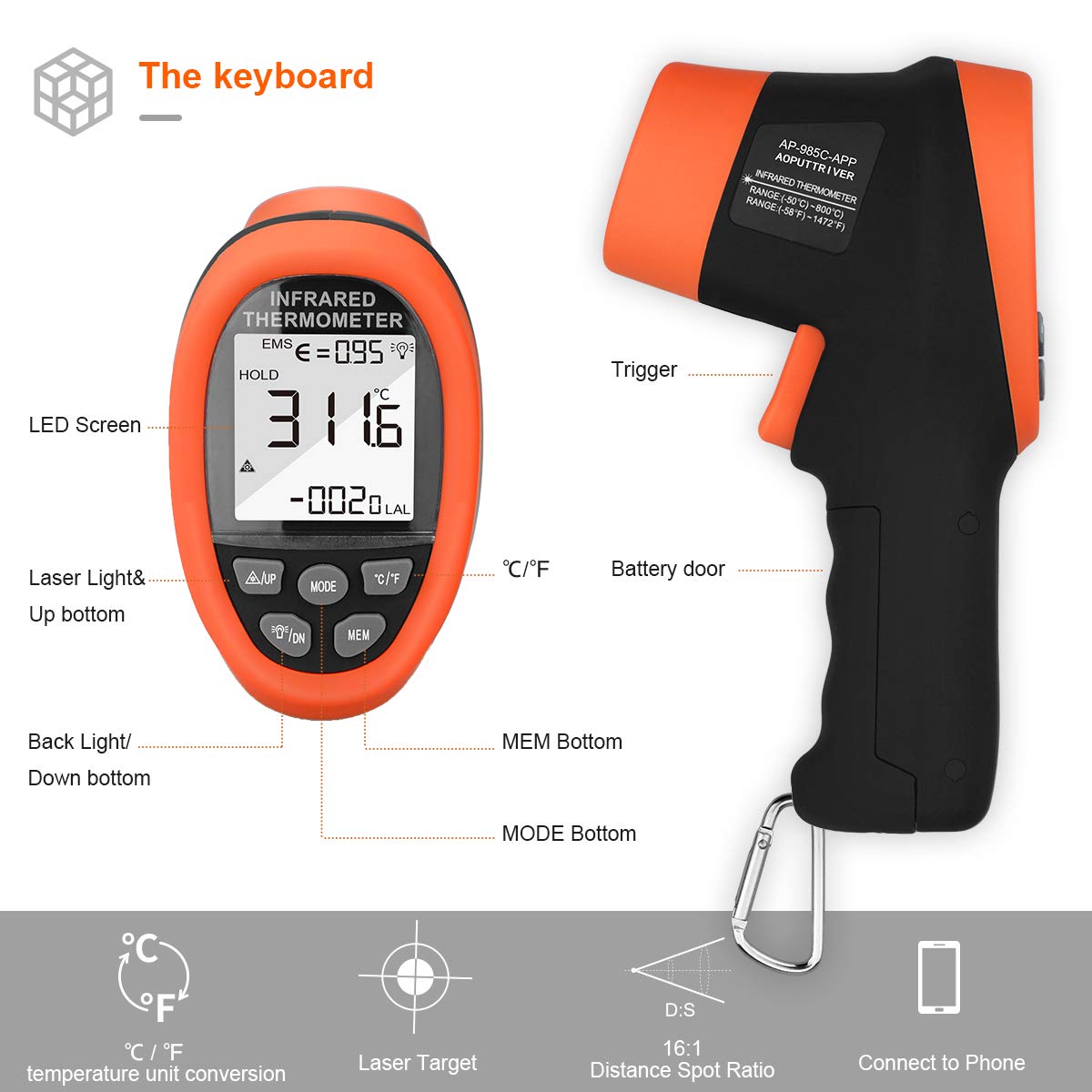 Infrared Thermometer with Bluetooth AP-985C-APP Range from -58β~1472β(-50βο½800β),16:1Laser Temperature Measure Gun, Data Record, Adjustable Emissivity for Forge Cooking